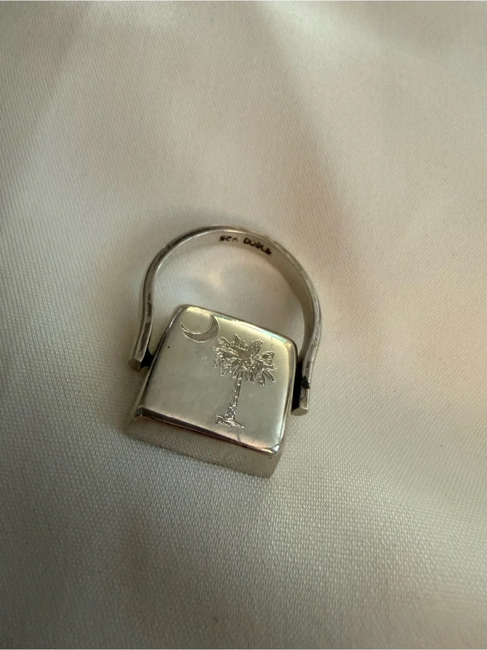 Sterling Silver Palmetto Tree & Crescent Moon Square Ring - Silver